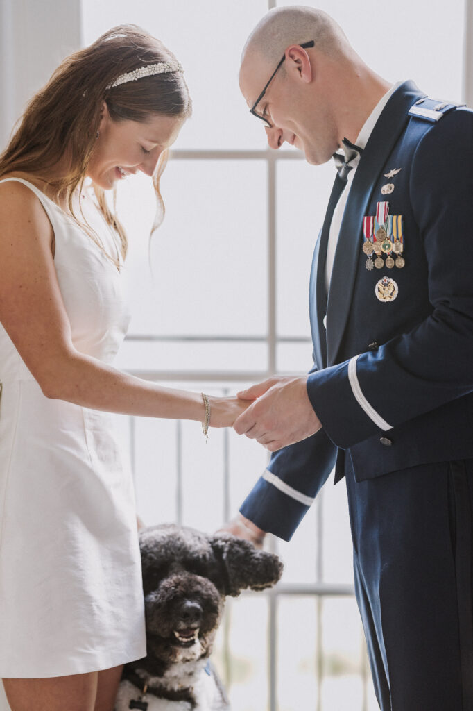 Bride and Groom with their Dog in a Terranea Resort Casita