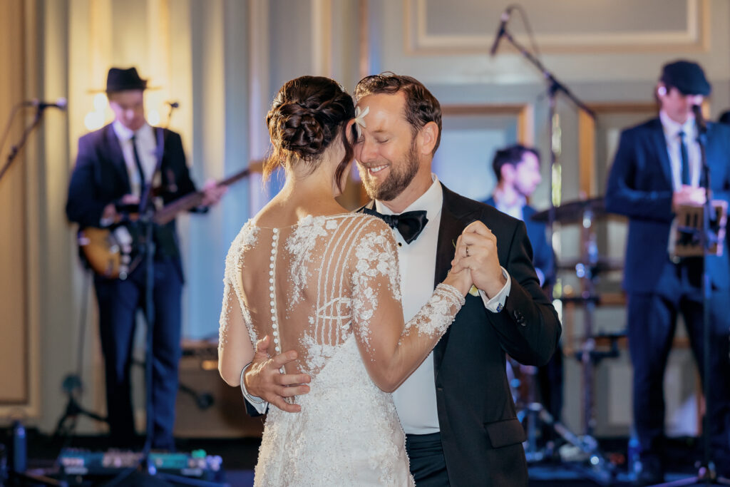 Bride and groom dancing during ballroom reception at the Langham Hotel in Pasadena