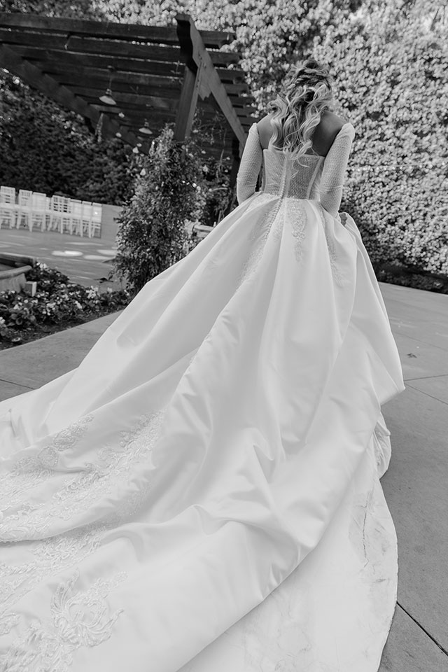 orange county modern garden wedding black and white image of bride with movement
